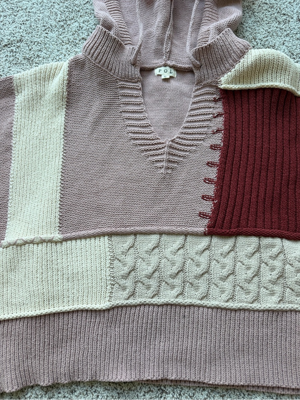 POL Patchwork Cable Knit Hooded Sweater Boho Oversized Small - Picture 4 of 12
